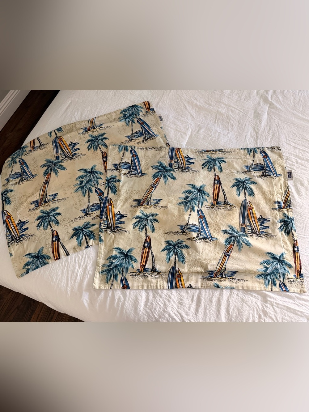 Dean Miller Vintage Surfboard Print Pillow Shams in Cream and Blue